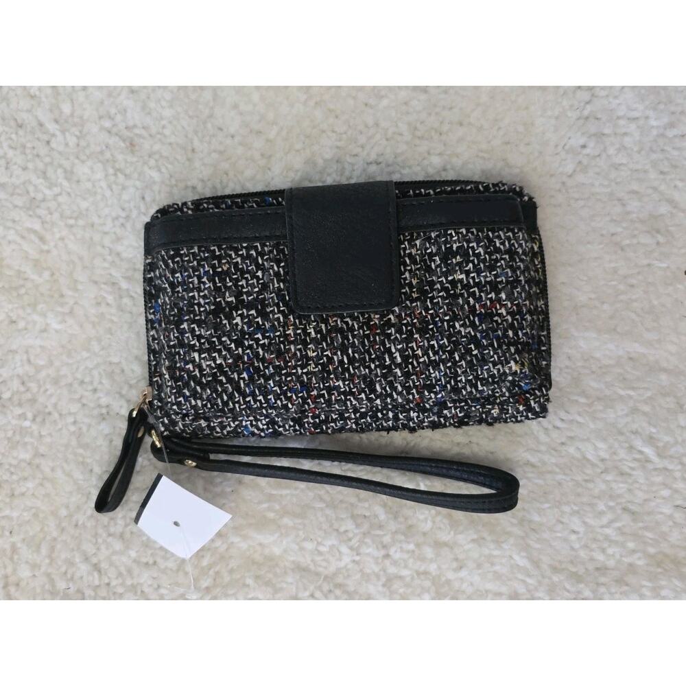 Tweed Zip Around Wallet Wristlet Phone Holder Pocket Small Black Colorful NWOT